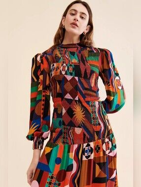 FARM Rio Tropical Smocked Midi Dress Geometric Print Puff Sleeve Small
